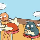 Zwei Vögel an einer Theke, einer liest die Zeitung, der andere isst und wirkt besorgt über Spione.