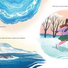 Texte: "Frothy ocean waves crash against the shore", "while icy water sits frozen in glaciers and icebergs", "Fresh ice on a pond invites you for a wintry skate." Illustration: Eine Robbe liegt auf einer Eisscholle, daneben ein Mädchen im Winteroutfit beim Schlittschuhlaufen auf einem gefrorenen Teich.