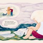 Ein Kind sitzt mit Plänen und Werkzeugen, denkt an Roboterbau mit Freunden. Eine Illustration in sanften Farben.