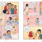 Comic: Links: Gebete und Vorfreude auf Kheer. Rechts: Bitten um einen letzten Löffel, Segen für Erfolg im neuen Land.