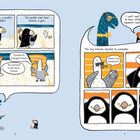 Zwei Freunde, ein Papageientaucher und eine Möwe, sprechen am Strand über Urlaub. Sie sonnen sich gemeinsam.