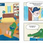 Links: "PART 1: THE BET", gemütlicher Lesesessel mit einem Krokodil. Rechts oben: Matrose schlägt Abenteuer vor. Unten: Krokodil lehnt ab.