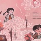 Text dazu: "This is a time when we remember our ancestors and honour them with offerings at the cemetery. For me, it's the Cemetery Game." Illustration von Menschen und Wolken in sanften Rosatönen.