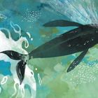 „INHALE“: Ein Wal taucht in ein blau-grünes, künstlerisch gestaltetes Meer ein.