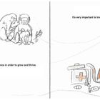 Links: Affen pflegen sich. Rechts: Ein Kind untersucht eine Katze mit Stethoskop, umgeben von Arztsachen.