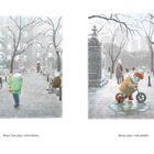 "When Tom plays with bubbles," links, "Momo plays with puddles." rechts. Kinder spielen im Winter im Park.