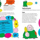 "GET TALKING! Over 6000 languages... TRUE OR FALSE? Shakespeare invented 1700 words. THREE SURPRISING SOUNDS USED TO TALK..."  
Bunte Sprechblasen und geometrische Formen, Illustration von Shakespeare mit Feder.