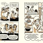 Comic: Dialog über toten Boden und Kompostherstellung. Figuren diskutieren über Kücheabfälle zur Bodenverbesserung.