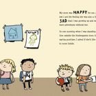 Texte: "HAPPY", "SAD", "BEPP BEEP!", "mommy". Eine Frau winkt einer Gruppe von Kindern in einer Kita. Kinder haben Rucksäcke.