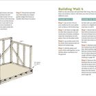 Install Wall 3: Step 1. Set wall in place. Step 2. Nail down. Step 3. Plumb and brace. Three walls up: illustration of a wooden frame structure. Building Wall 4: Instructions for framing and window. Window Safety: advice on using windows.