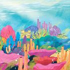 Text: "A Busy Coral Reef. Tropical reefs are made of tiny creatures...". Illustration mit bunten Korallen und Lebewesen im Wasser.
