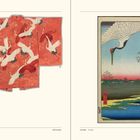 Links ein roter Kimono mit weißen und roten Kranichen, rechts ein Holzschnitt mit Kranichen in einer Landschaft.