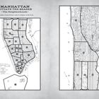 „MANHATTAN SITUATE THE READER - The Neighborhoods“. Eine schwarz-weiße Karte mit nummerierten Stadtvierteln.