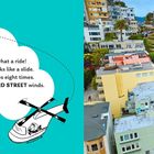 Texte: „Cam flies even higher—Oh, what a ride! … LOMBARD STREET winds.“  
„fun fact … zig-zag curves … straight down.“

Links ist eine Illustration mit einem Hubschrauber, rechts eine farbenfrohe, kurvenreiche Straße.