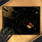Illustration eines Astronauten im Weltraum mit goldener Rakete und Sternen auf schwarzem Hintergrund.