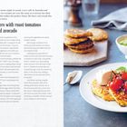 Rezept für Maisfritter mit gebratenen Tomaten und zerdrückter Avocado. Rechts ein Teller mit Fritters, Tomaten und Avocado.