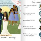 Links: "The prince and Cinderella were married and lived happily ever after." Rechts: "Story quiz!" mit Fragen zum Märchen.