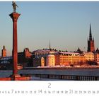 Text: Stockholm, Nummern 1 bis 28, 2, Casares Edition.  
Säule mit Statue, Stadtansicht im Sonnenuntergang, Gebäude am Wasser.