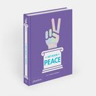 Text: "MY ART BOOK OF PEACE". Lila Buchcover mit einer stilisierten Hand, die das Peace-Zeichen zeigt. Autor: Shana Gozansky.