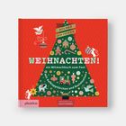 "Weihnachten! ein Mitmachbuch zum Fest mit Aufklapptürchen und Bastelseiten" auf rotem Hintergrund mit Baumillustration.