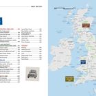 Links: Reiseinhaltsverzeichnis mit Seitenzahlen. Rechts: Karte von Großbritannien in Farbblöcken für Regionen.