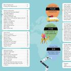Kapitelüberschriften und Themen auf einer Weltkarte: Sechs Kapitel, darunter "Around the World" und "Nature & Animals".