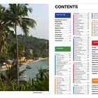 Text: "CONTENTS" und eine detaillierte Liste von Reisezielen in Sri Lanka. Links Palmen und ein Strand.