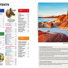 Text links: "Contents" mit Themen wie "Plan Your Trip", "The Guide", "Toolkit", "Storybook". Rechts ein Bild einer felsigen Küste mit Text "Bay of Fires (p171), east coast".