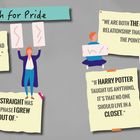 "March for Pride" und Zitate betonen LGBTQ+ Erfahrungen. Illustrationen von Menschen mit Schildern verdeutlichen die Aussagen.