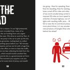 Links: "ON THE ROAD". Text über Stress im Alltag und häufiges Autofahren. Rechts: Illustration einer wütenden Person vor einem Auto.