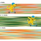 Oben: "Eddie FLYING across the fields." Illustration zeigt Eddie auf Scooter, bunte Streifen deuten schnelle Bewegung an.