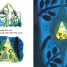 "I'd love to sleep in a tent. We could camp out under the stars! Look, an owl! Why sleep in a tent when you can sleep in a bird’s nest?" Illustration zeigt zwei Kinder im Zelt und Nest.