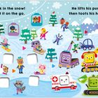 Texte oben: "Look, a car’s stuck in the snow! Tow truck can get it on the go. He lifts his purple crane up high, then toots his horn to say goodbye!" Bunte Illustrationen mit Tieren auf einer winterlichen Piste, Fahrzeuge am Rand.