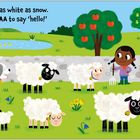 Fluffy sheep, as white as snow. They all go BAA to say 'hello!' Ein Hund, Schafe, ein Kind, Bäume und ein Teich.