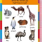 "Perfect pets: Circle the animals you might keep as a pet." Bilder: Kaninchen, Kamel, Giraffe, Pinguin, Meerschweinchen, Hund, Emu, Katze.