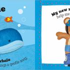 "blue", "Friendly blue whale sings a gentle song.", "My new roller skates help me whizz along." Links ein blauer Wal, rechts ein Skate-Bär.