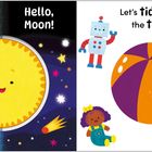 "Goodbye, Sun!", "Hello, Moon!", "Let's tidy away the toys!" Bunte Spielzeuge und freundliche Sonne und Mond.