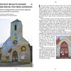 "Die bunt bemalte Fassade der Kirche von Ménil-Gondouin" steht oben. Bild einer Kirche mit farbig bemalter Fassade und Schriftzügen.
