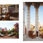 14 links: Empfangsbereich mit Holzmöbeln. Oben rechts: Balkon mit Säulen, Sitzmöbeln und Stadtblick. Unten links: Dachterrasse.