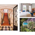 Links: Elegante Treppe in Foyer. Rechts oben: Gemütliches Schlafzimmer. Rechts unten: Garten mit Pool und blühenden Bäumen.