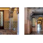 Seitenzahlen 8 und 9. Zwei reich verzierte Türen mit buntem Glas, umgeben von aufwendiger Architektur und Dekoration.