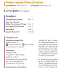 Ortsregister & Impressum mit Regionalseiten und Impressum-Details. Farbakzente für verschiedene Ferienregionen.