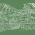 Text: 26. Architekturzeichnung eines Gebäudes mit Säulen, Pflanzen und Bäumen.