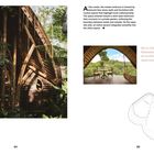 Texte: "At the center... villa's layout." "Set in the lush... organic form." Links Bambusarchitektur, rechts Balkonübersicht und Grundriss.