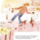 Ein eiliges Morgenbild: Eine Frau serviert Hundefutter, zwei Hunde warten freudig, während Toast aus dem Toaster springt.