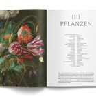 Rechter Seite, Überschrift: "(II) Pflanzen". Darunter dichter Text und Begriffe. Links ein Gemälde mit bunten Blumen.