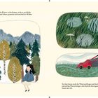 Links: Text über Winterduft, schneebedeckte Berge, Bäume und Mädchen. Rechts: Regenpfützen, Pilze, Rasenmäher.