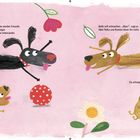 Text: Polka und Rumba werden Freunde. Bolle will mitmachen. Illustration von fröhlichen Hunden mit Ball und Blumen.