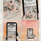 Texte: "MORD IN PARIS. Amerikanisches Duo klärt Mord." Illustration: Eine Person hält ein Handy mit dem Text und Bild einer Wohnung.