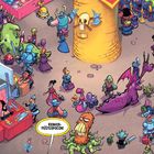 Rede-Blase sagt: „Kerker-Festexpocon!“. Viele bunte Fantasiegestalten auf einer Messe mit einem Stand für Feen.